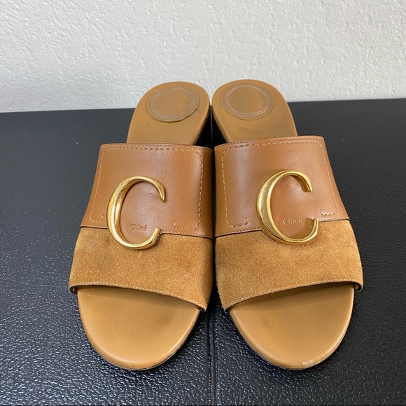 CHLOÉ camel tan C logo embellished leather heeled mules 39 - Picture 4 of 15